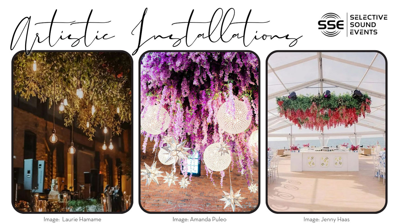 graphic showing artistic, hanging floral installations at weddings