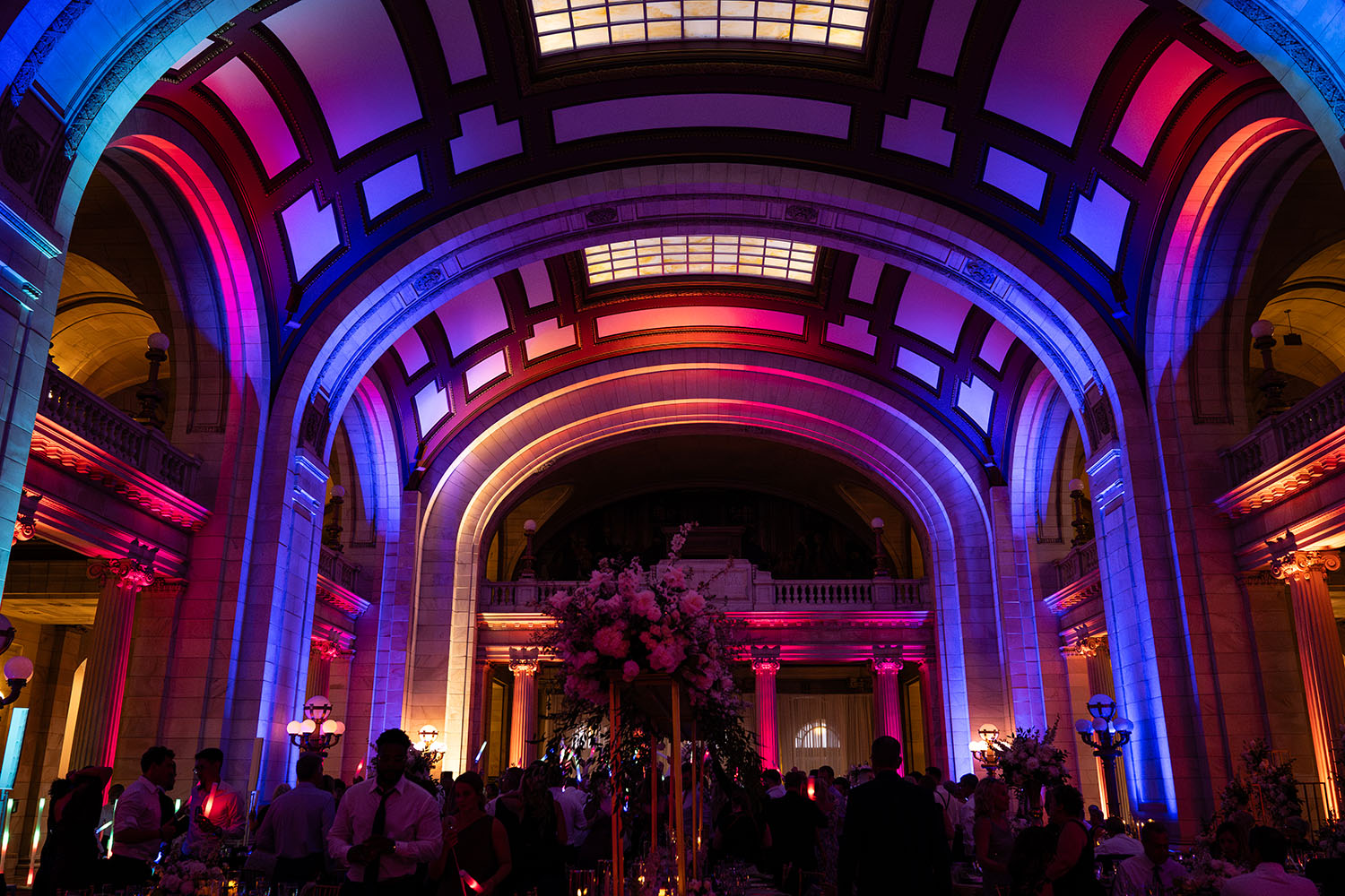 Colorful uplighting shown at Old Courthouse in Cleveland